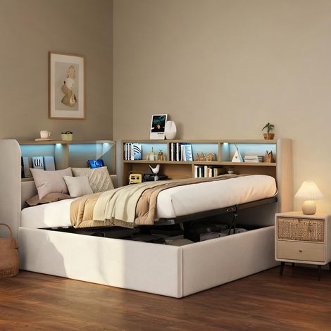 Cadre de lit beige en velours 225 x 110 x 90 cm (1/5)
