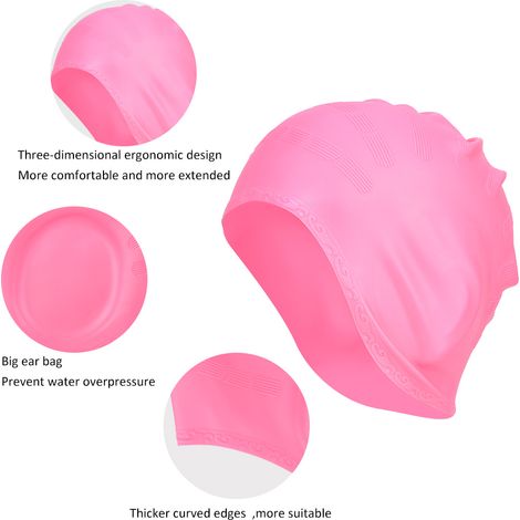 Bonnet de bain en silicone pour cheveux longs, étanche et confortable, protège les oreilles - Rose