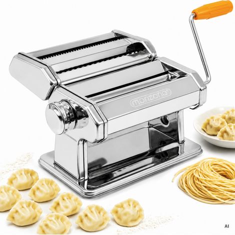 Monzana Manuelle Nudelmaschine Edelstahl 9 versch. Teigdicken 2 Teigwalzen Tischhalterung Kurbel Spaghetti Bandnudeln Lasagne Küche Pasta Silber