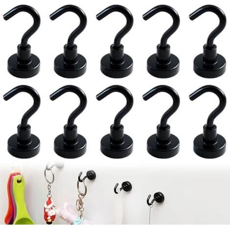 10 Pieces Black Magnetic Hooks 10Kg - Extra Strong Magnetic Hooks for Refrigerator, Ceiling, Van, Wall (1/5)