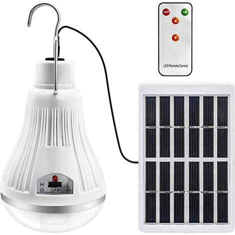 Bombilla LED con energía solar: linterna portátil con panel solar y control remoto para senderismo, acampada, tiendas de campaña y pesca al aire libre. (1/5)
