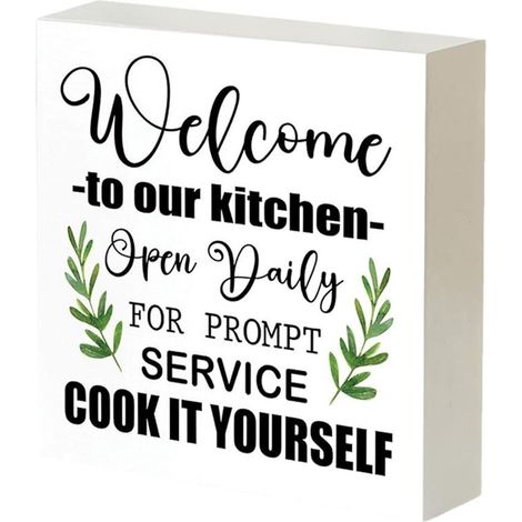 Panneau Décoratif Cuisine - Panneau En Bois Rustique Avec Texte Welcome To Our Kitchen - Pour Étagère Cuisine Comptoir Bureau Table - 13 x 13 x 3,6 cm - 1 Pièce (1/5)