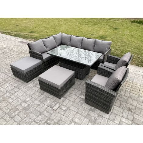 Fimous Outdoor Garden Furniture Set Wicker PE Rattan Height Adjustable Rising Lifting Table Sofa Dining Set with 2 Big Footstool 2 Armchairs Dark Grey Mixed