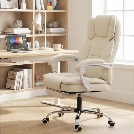 Silla de oficina reclinable con reposapiés beige OKMYHOME (1/3)