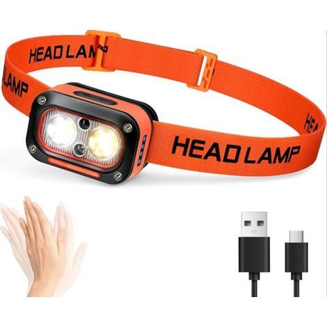 Lampe Frontale LED Ultra Puissante Rechargeable, Torche Frontales Lumière Blanche, Jaune, Rouge pour Casque de Chantier avec Détecteur de Mouvement, étanche pour Camping, Randonnée, Travail (1/5)