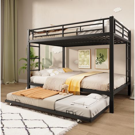 Litera infantil 140x200 cm negra de metal con cama nido extraíble y barandillas altas (1/5)