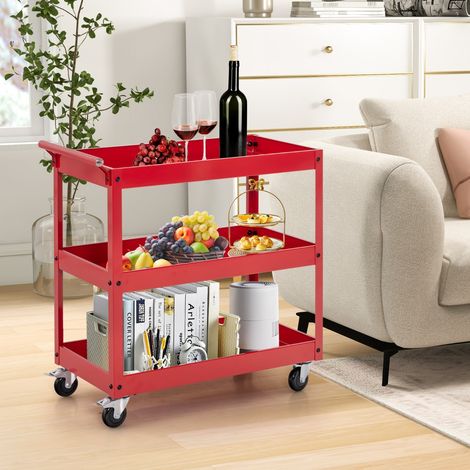 Chariot Utilitaire en Métal à 3 Niveaux avec Poignée Ergonomique Roulettes Universelles Chariot de Service Polyvalent Rouge (1/2)