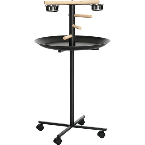 Perchoir perroquet gris Ø60x111cm sur pied 4 roulettes 2 mangeoires acier inoxydable détente oiseaux