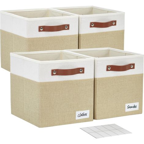 Boîtes de Rangement Cubiques Pliables en Tissu, 33 x 33 x 33 cm, Lot de 4 2 Poignées Renforcées en PU, Porte-étiquettes, Grands Bacs de Rangement pour Placard, Étagères, Salon, Beige et Blanc (1/5)