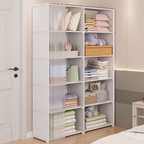 Armoires, porte-manteaux avec étagères, avec étagères multiples et rideaux, pour chambres et dressings (couleur : blanc) (1/4)
