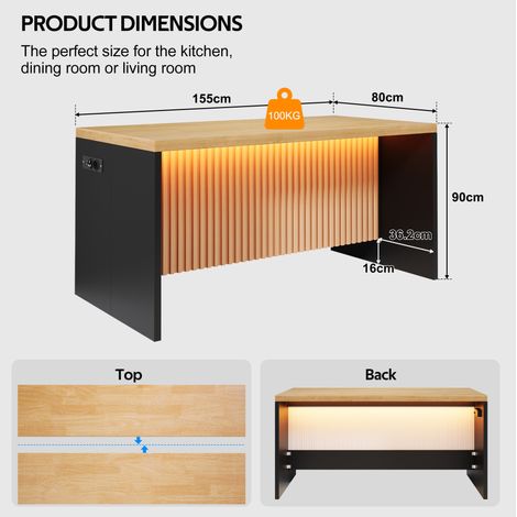 Isla de cocina 155x80x90 cm MDF negro y madera, LED y puertos USB – MEUBLIV (1/5)