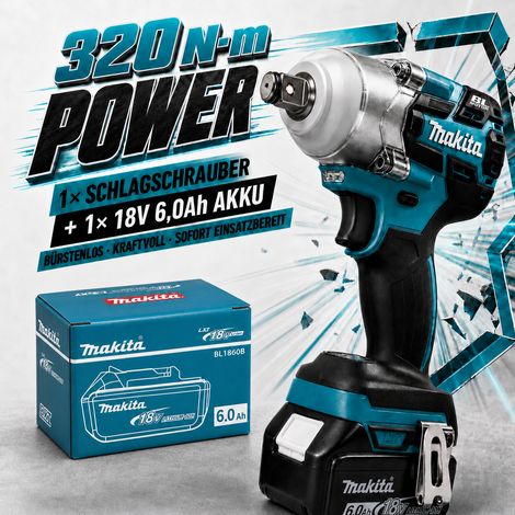 Makita DTW285 Akku-Schlagschrauber 18V bürstenlos 320 Nm 1/2" Vierkant inkl. 1× 6,0Ah Akku