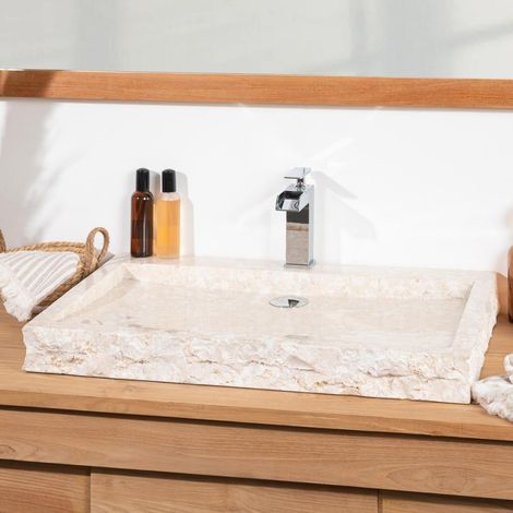 Wanda Collection – Vasque à poser rectangle 70cm en marbre crème – Intérieur poli et extérieur brut – Perçage 35mm pour arrivées d'eau (1/5)