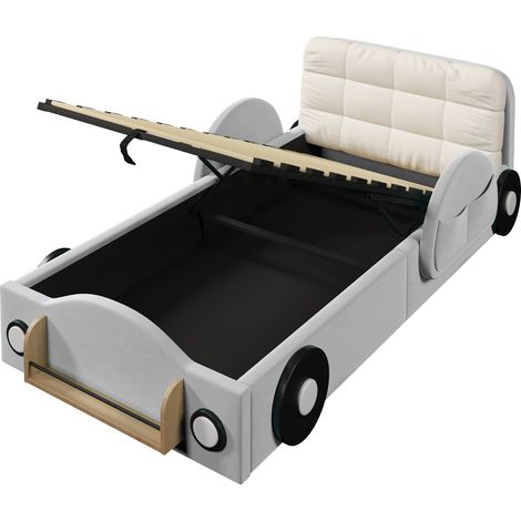 Letto imbottito 90x200 cm grigio con contenitore idraulico, tasche e portalibri HOMVRA (1/5)