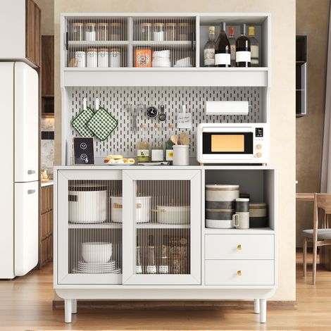 Buffet de cuisine avec portes coulissantes en verre cannelé, panneau perforé, tiroirs, niches ouvertes, MDF et panneaux de particules, pieds en pin (1/5)