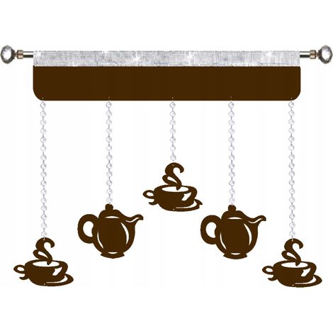 Tenda da cucina con motivo traforato, ghirlanda, stile glamour, tazze da caffè, brocche, 90 cm, marrone