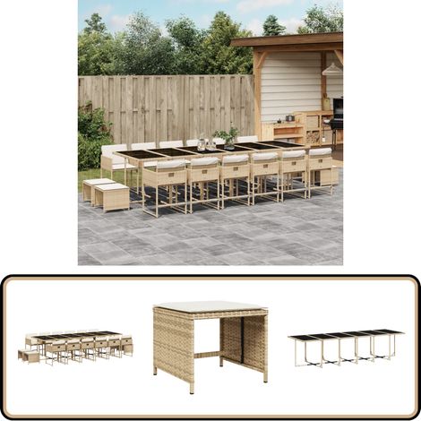 17-tlg. Garten-Essgruppe mit Kissen Beige Poly Rattan - Gartenmöbel Set - Gartentisch - Gartenstühle - Gartenhocker - Rattan Möbel