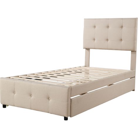 Lit rembourré 90 x 200 cm, lit gigogne pour enfant, tête de lit réglable, revêtement en lin doux pour la peau, lit simple bas, lit enfant, lit ado, lit d'appoint (beige) (1/5)