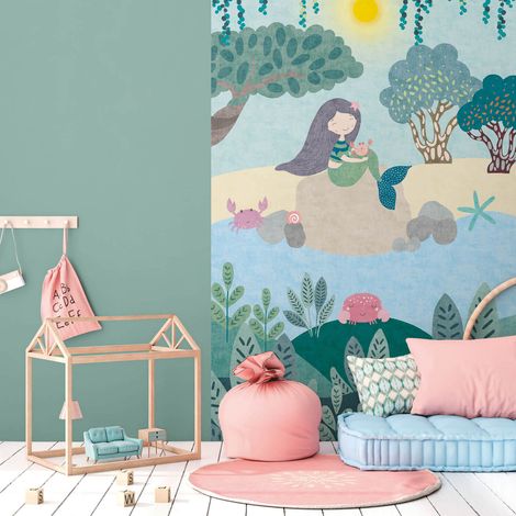 Fototapete Profhome 770671 Vliestapete glatt Kindertapete matt blau pastell-türkis grün braun-beige 1,59 m x 2,8 m