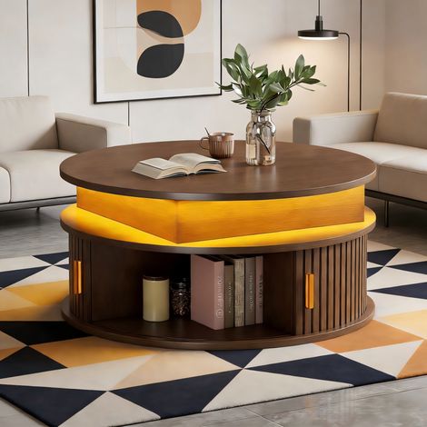 Mesa baja redonda elevable 75 cm nogal con LED, almacenamiento oculto y 2 puertas tambor, en MDF, altura ajustable hasta 52 cm (1/5)