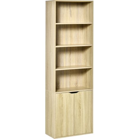 Bibliothèque 4 casiers ouverts + 2 portes, meuble de rangement pour salon et bureau, 59x29x180 cm, bois naturel (1/5)