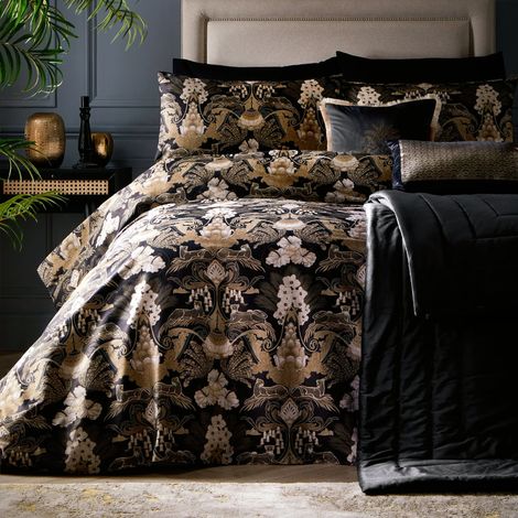 Housse de Couette Jungle Noir/Or 260 x 220 cm 100% Coton Doux 2 taies d'oreiller Literie avec léopard Housse de Couette bohème damassé en Noir (1/4)