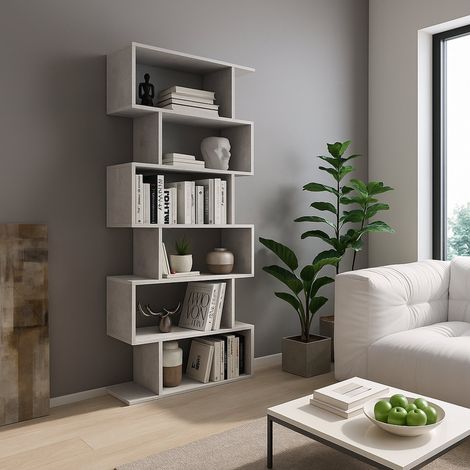 Libreria Clisi, Biblioteca 5 Ripiani, Installazione a Terra, Sfumatura Colore Struttura Cemento, 80x25x191h cm Grigio Cemento (1/3)
