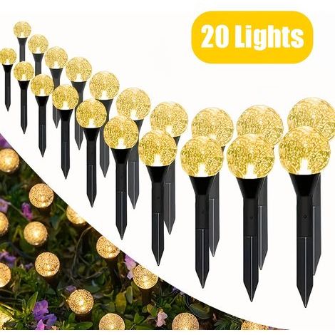 Guirlande lumineuse solaire à 20 LED en forme de boule de cristal pour pelouse, jardin ou cour - Blanc chaud (1/5)