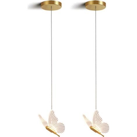 Lot de 2 suspensions LED papillon dorées de style nordique idéales pour une chambre ou un salon. Couleur : or et transparent. (1/2)