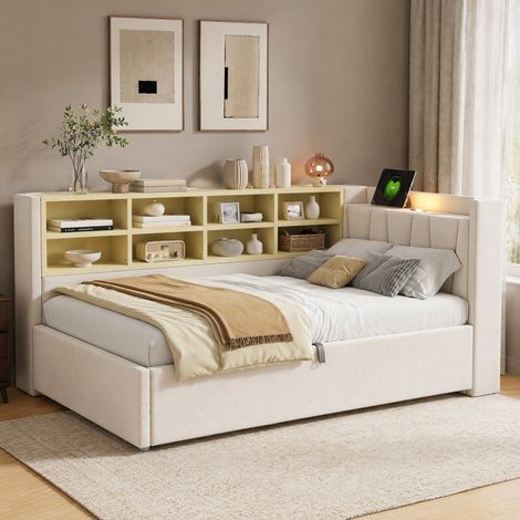 Lit coffre 90x200 cm, velours beige, rangements HAVRYA (1/5)