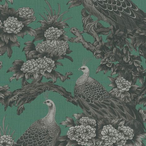 Carta da parati con uccelli Profhome 399822 Carta da parati TNT goffrata a caldo leggermente strutturata con motivo floreale opaca verde grigio-chiaro grigio-nerastro verde-patina 5,33 m2