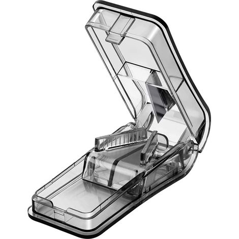 Tablettenteiler für kleine und große Tabletten, Tablettentrenner mit Klinge zum Halbieren von Tabletten und zum Transportieren von Medikamenten (Transparent Schwarz) (1/3)