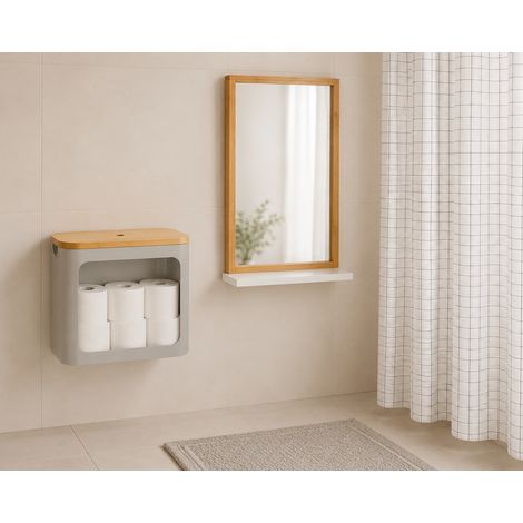 Ensemble de rangement pour rouleaux de papier toilette en bambou (3 pièces) – Porte-rouleaux 12 rouleaux, étagère avec miroir et rideau de douche (1/5)