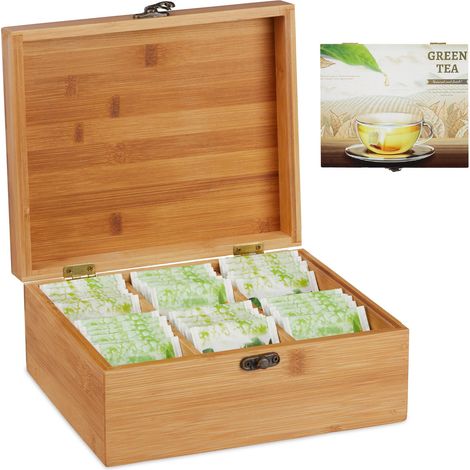 Relaxdays Bamboo Tea Box, 6 Compartments, For 72 Teabags, Hinged Lid, Flavour-Preserving, HxWxD 9.5x22x18.5 cm, Natural
