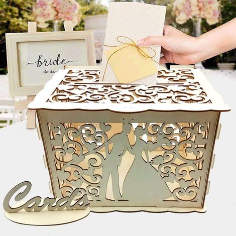 Boîte à cartes de mariage,boîte à cartes de décorations de mariage rustique en bois avec serrure pour la décoration de fête de réception de mariage (1/2)