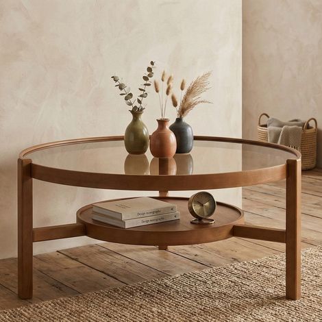 Mesa de Centro Olzai, un Compartimento, Tapa de Vidrio Templado, Forma Redonda, 100x100x48h cm Marrón Nogal (1/4)
