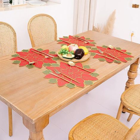 Set of 4 Christmas Poinsettia Placemats Set of 4 Red and Green Poinsettia Flower Placemats Round Christmas Placemats for Kitchen Dining Table Home Holiday Decoration (1/5)