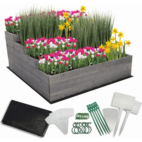 MODO24 Carré potager surélevé en bois, 4 niveaux en cascade, 54x117x120 cm, jardin/terrasse, kit jardinier inclus, gris imprégné