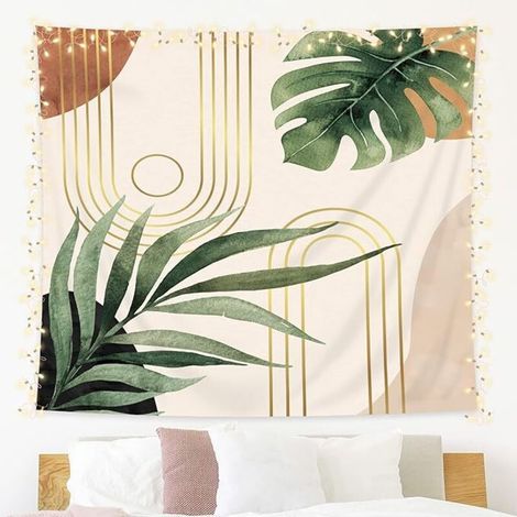 Tapisserie abstraite bohème du milieu du siècle 78 x 59 h, feuilles tropicales, arc géométrique moderne, plante botanique bohème minimaliste, décoration murale neutre, art pour salon (1/4)