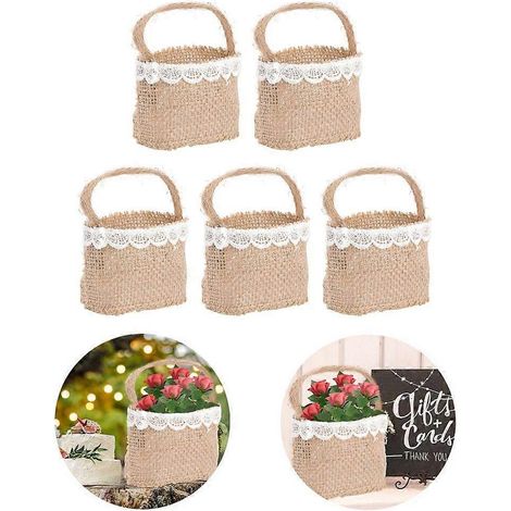 Panier de demoiselle d'honneur en dentelle et toile de jute tissées à la main, résistant, pour cérémonie de mariage et fête, avec roses. (1/4)