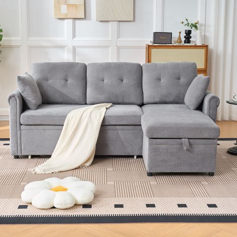 Eckschlafsofa aus Chenille mit Bettkasten, reversible Recamiere, 206 x 130 x 85 cm, Grau (1/5)