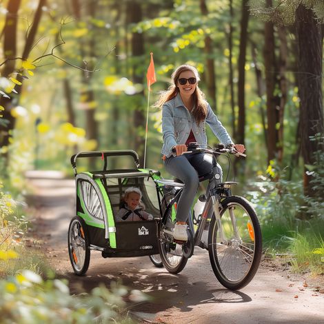 Remorque à vélo 2-en-1 pour 2 enfants - vert - fonction coulissante - frein - housse imperméable - Moderne (1/4)