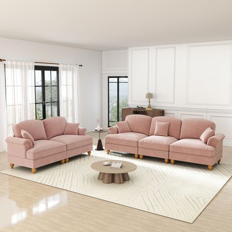 Klassisches 2-teiliges modulares Wohnzimmer-Sofa-Set mit Trichter-Armlehnen, abnehmbarer Rüschenschürze & spindelförmigen Beinen – 3-Sitzer & 2-Sitzer Loveseat aus Chenille,rosa 
WL