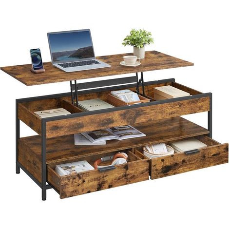 Table basse rectangulaire avec plateau relevable et rangement ouvert 50 x 120 x 63 cm style moderne en bois marron (1/2)