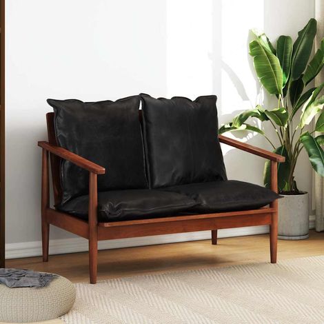 vidaXL Canapé 2 places noir cuir véritable et bois d'acacia solide (1/5)