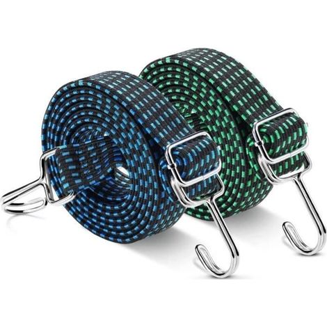 (Green and Blue) Flat Elastic Bungee Cord - KAKOO - Pack of 2 - Moving Strap for Bicycle, Motorcycle - Green and Blue (1/4)