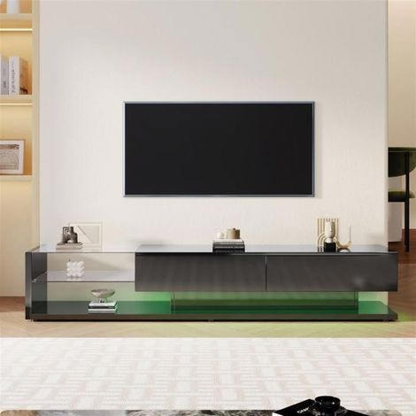 Meuble TV - Noir - 170x38x36 cm - Éclairage LED variable - 2 tiroirs - Verre brillant