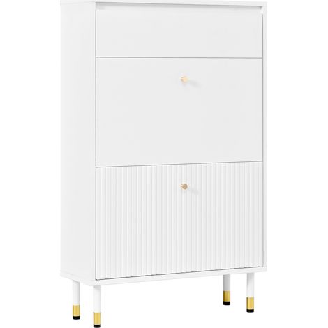 Zapatero estrecho con cajón y 2 puertas abatibles MDF blanco 65 x 24 x 104 cm (1/5)