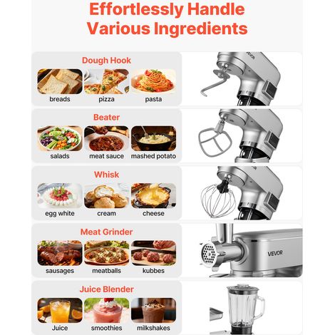 Robot Pâtissier et Culinaire 5,7 L, Batteur sur Socle 1500 W avec Fonction Hachoir à Viande et Blender de 1,5 L, Batteur Mixeur 6 V… (1/5)