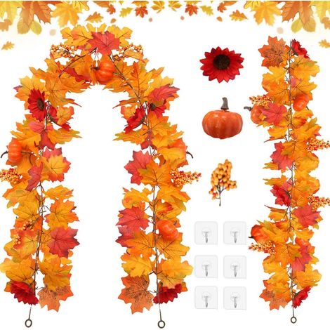 Künstliche Herbstgirlande Ahornblätter, 2 Stück 1,75m Deko Ranke mit Kürbissen und Beeren (1/5)